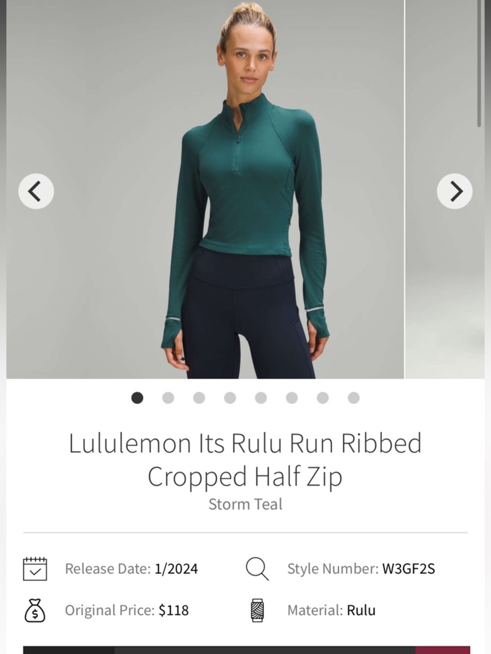 Lululemon Its Rulu Run Ribbed Cropped Half Zip- Storm Teal